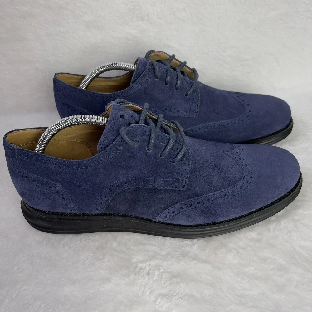 Cole Haan LunarGrand Wingtip Shoes Mens Size‎ 10.5 Blue Suede Oxford Dress